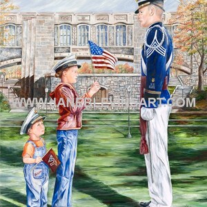 May include: A painting of a military service member in uniform saluting two children holding an American flag. The children are wearing hats and are standing in front of a building. The painting is done in a realistic style.