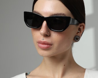 Black Cat Eye Rectangle Sunglasses: Polarized UV400 Protection | Medium Small Faces
