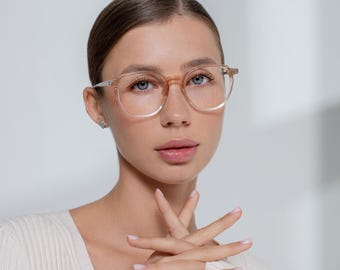 Helder oranje kleurverloop rond brilmontuur | Transparante acetaatbril (small medium fit)