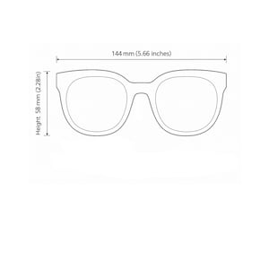 Technical diagram showing oversized black sunglasses with measurements including 144 mm frame width, 58 mm lens height, 21 mm bridge, and 150 mm temple length.