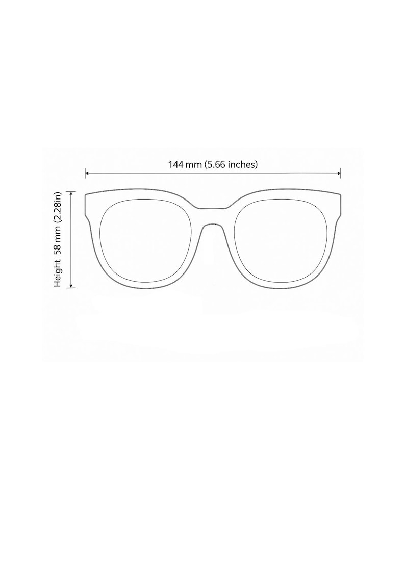 Technical diagram showing oversized black sunglasses with measurements including 144 mm frame width, 58 mm lens height, 21 mm bridge, and 150 mm temple length.