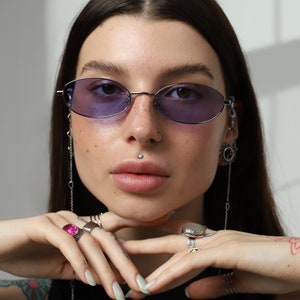 Small Oval Polarized Sunglasses Women Men | 90s Style Metal Frame Sunnies with or without Chain | Trendy Custom Eyewear