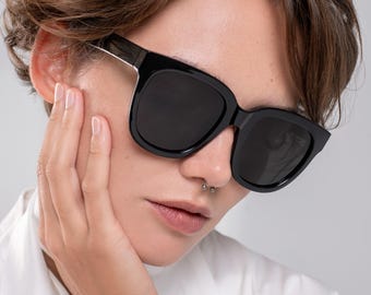Oversize Polarized Sunglasses Women | Black Round Sunglasses | Large Fashion Sunnies | Medium Face Fit