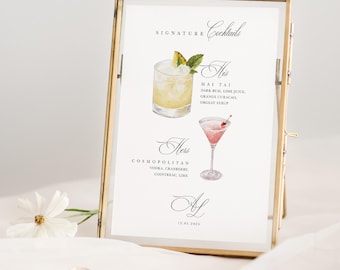 Signature Drinks and Cocktails Sign for Wedding, Choice of 5 Designs and 3 Sizes, Personalised and Printed