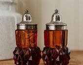 Vintage Amber Indiana Glass Shakers - Salt and Pepper 2pc Set of Amber Diamond Point Salt and Pepper Shakers with Silver Lid Collectible