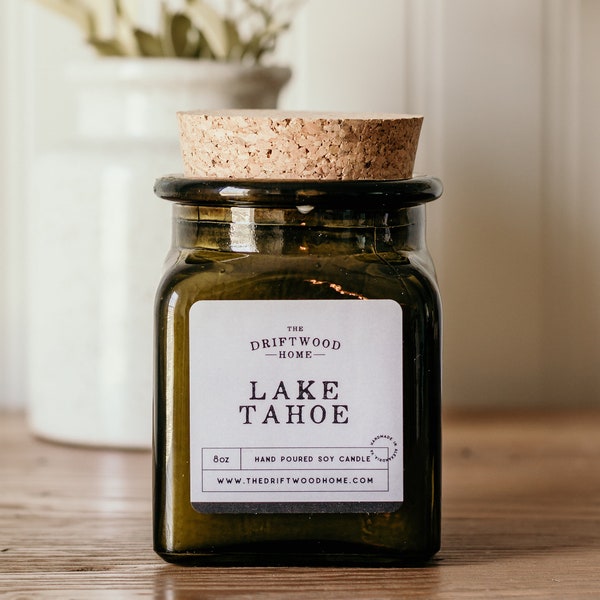 Apothecary Soy Candles - Lake Tahoe Cabin Candle Lake house Woodsy Bonfire Forrest Candle Smoked Amber Pine Cedar Vanilla Coconut California