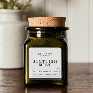 Apothecary Soy Candles - &quot;Scottish Mist&quot; Clean Scent Hand Poured Natural Soy Candle Leather Musk Sandalwood Lemon Clover Ocean Mist Scotland