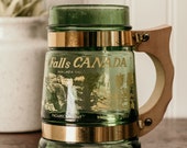 Vintage Siesta Ware Mug - Niagara Falls Canada Souvenir Mug Green Glass Mug Vintage Stein - Green Glass Mug with Wood Handle and brass Band