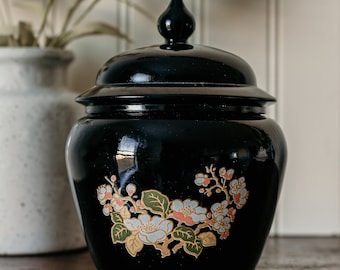 Vintage Avon Chinoiserie Urn Jar- Black vintage Avon Powder Jar Chinoisserie Urn Grand millenial decor Asian Jar Avon Collectible Jars