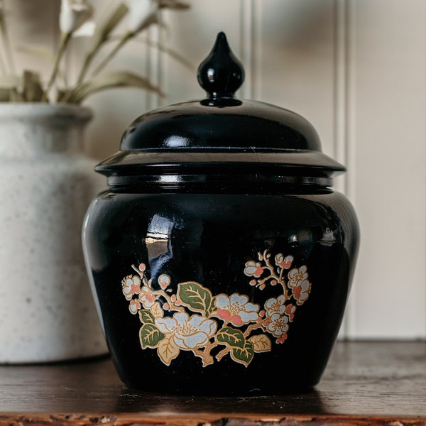 Vintage Avon Chinoiserie Urn Jar- Black vintage Avon Powder Jar Chinoisserie Urn Grand millenial decor Asian Jar Avon Collectible Jars