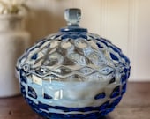 Vintage Indiana Cobalt Glass Candy Dish Candle - "Summer Rain" Clean Summer Thunderstorm Candle Fresh Cut Grass Jasmine Raincloud Cotton