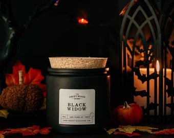 Halloween Soy Candles - "Black Widow" Spooky Fall Candles Autumn Halloween Candles Rose Thorn Evergreen Cedar Vanilla Musk Witchy Candles