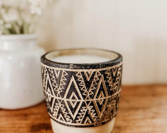 Aztec Tribal Concrete Candle - "Cypress + Bayberry"  Outdoors Tree Pine Earthy Woods Scent