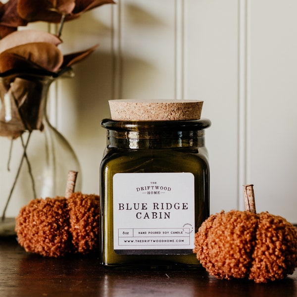 Cozy Fall Soy Candles - "Blue Ridge Cabin" Fall Candle Smoky Woods Cashmere Musk Tonka Vanilla Almond Clove Ginger Leather Virginia Candle