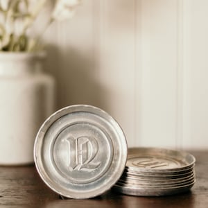 Vintage Mid Century Modern Coasters - Set Of 8 Silver Aluminum Coasters With &quot;U&quot; Monogram Art Deco Barware Vintage Collectible Coasters set
