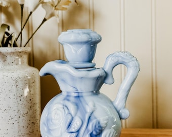 Vintage Avon Bath Oil Decanter - 1970's Blue Marbled Milk Glass Victorian Rose Floral Perfume Bath Oil Decanter Avon Pitcher Bathtub decor