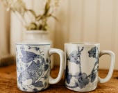 Vintage Japanese Koi Mugs- 2pc Blue and White Japanese Cherry Blossom and Koi Fish mugs Chinoiserie Grand Millennial decor coffee or tea mug