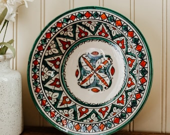 Vintage Moroccan Bowl - Handpainted Green and Terracotta Vintage Moroccan  Signed Pottery Bowl Arabic Decor Serving Prayer Bowl Decorative