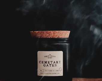 Halloween Soy Candles - "Cemetery Gates" Spooky Fall Candles Autumn Halloween Candles Tobacco Leaves, Cognac, Red Amber, Lavender, Leather