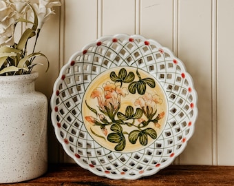 Vintage Sadek Floral Bowl -  Sadek Reticulated Porcelain Hand painted Basket Bowl Geranium Floral English Country Cottage Decor Candy Dish