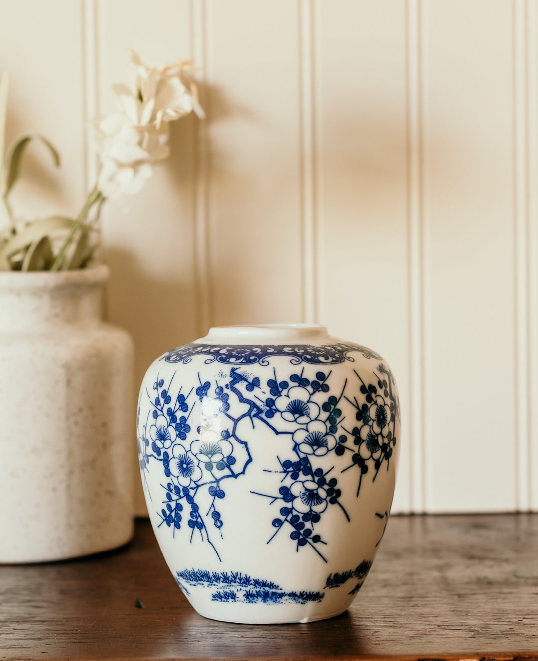 Vintage Chinoiserie Jar Blue & White Cherry Blossom Japanese Grand Millennial Vintage