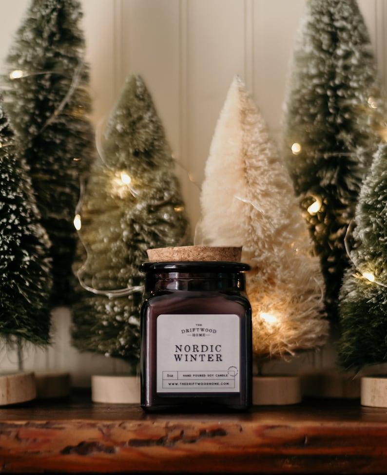Holiday Soy Candles -"Nordic Winter" Winter Holiday Candles Icy Scandinavian Nordic Woodland Holiday Tree Christmas Stocking Stuffer Viking 8oz Apothecary