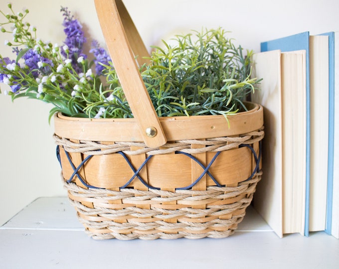 Vintage Picnic Basket Woven Blue Ribbon Picnic Floral Basket Home Decor Farmhouse Baskets