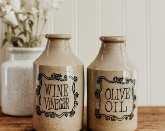 Vintage Oil and Vinegar Pottery Jar - Handmade Wine Vinegar and Olive oIl Pottery Crock Jar or Vase Handpainted Cottage Kitchen CottageCore