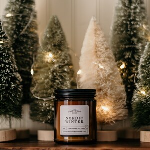 Holiday Soy Candles -"Nordic Winter" Winter Holiday Candles Icy Scandinavian Nordic Woodland Holiday Tree Christmas Stocking Stuffer Viking 8oz Amber