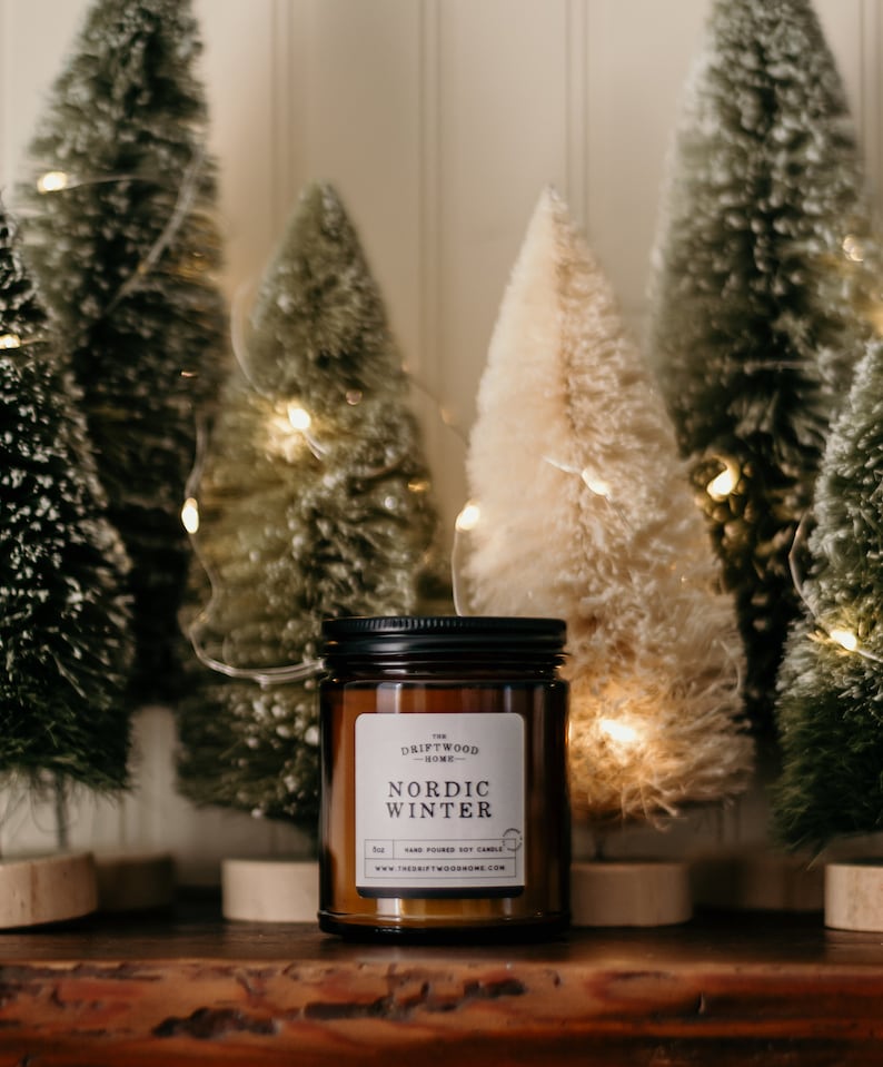 Holiday Soy Candles -"Nordic Winter" Winter Holiday Candles Icy Scandinavian Nordic Woodland Holiday Tree Christmas Stocking Stuffer Viking 8oz Amber