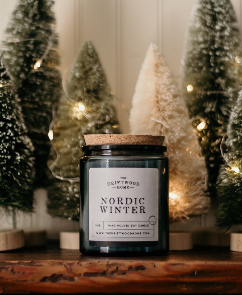 Holiday Soy Candles -"Nordic Winter" Winter Holiday Candles Icy Scandinavian Nordic Woodland Holiday Tree Christmas Stocking Stuffer Viking 16oz Apothecary