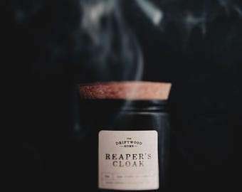 Halloween Soy Candles - "Reaper's Cloak" Spooky Fall Candles Autumn Halloween Candles Tobacco, Patchouli, Cedarwood, Vanilla, Spiced Bourbon