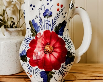 Vintage Benjamin Catalan Floral Pitcher - Spanish 1970s Handmade Stoneware Pitcher or Jug with Pinched Pour Spout Blue Floral Decor Cottage