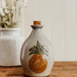 Vintage Pineapple Pottery Jar - Handmade Pineapple Pottery Crock Jar or Vase with Cork Lid Hanpainted Cottage Kitchen Decor Cottage Core