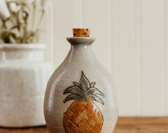 Vintage Pineapple Pottery Jar - Handmade Pineapple Pottery Crock Jar or Vase with Cork Lid Hanpainted Cottage Kitchen Decor Cottage Core