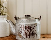 Vintage MCM Tea Kettle - Vintage 1970s 'Home Sweet Home' Teapot – Mid-Century Modern | Speckled Ceramic, Wire Handle | Made in Japan