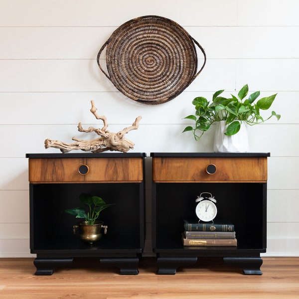 Vintage Retro Nightstands - Coal Black Open Base Nightstands / Side Tables  with Natural Wood Drawers Low Profile End Tables Nightstands