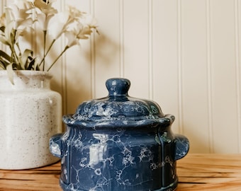 Vintage Blue Stoneware Crock Dish with Lid- Blue and white veining casserole dish with Lid Pottery Crock Decor Trinket box Candy Bowl