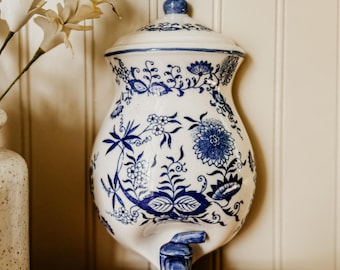 Antique Arnat Blue Onion Wall Fountain - Japanese Chinoisserie Blue Onion Arntat Ceramic Faux Wall Fountain Cottage English Porcelain