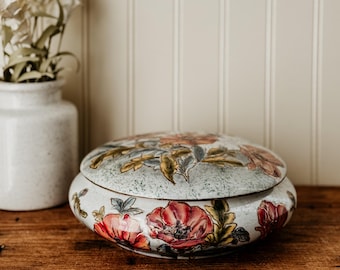 Vintage Floral Trinket Jar- 1970's Japanese Hand painted Red Poppies Floral Trinket Jar Chinoisserie Grand Millenial Asian Coffee Table