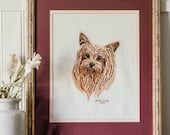 Vintage Embroidery Art - Yorkshire Terrier Framed Cross Stitch Art Portrait Dog Lover's Knit Portrait Doris King Dog Embroidery Art