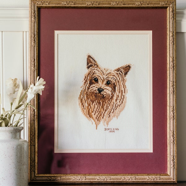 Vintage Embroidery Art - Yorkshire Terrier Framed Cross Stitch Art Portrait Dog Lover's Knit Portrait Doris King Dog Embroidery Art