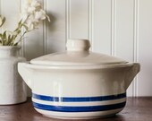 Vintage Roseville Dish - Farmhouse Striped Blue and White Casserole Dish Vintage Roseville Ohio Pottery Casserole Bakeware Stoneware Dish