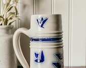 Vintage Pottery Mug- Handprinted Vintage Floral Stoneware Stein Blue Floral Painted Beer Stein Vintage Mugs Hand painted Pottery Mugs