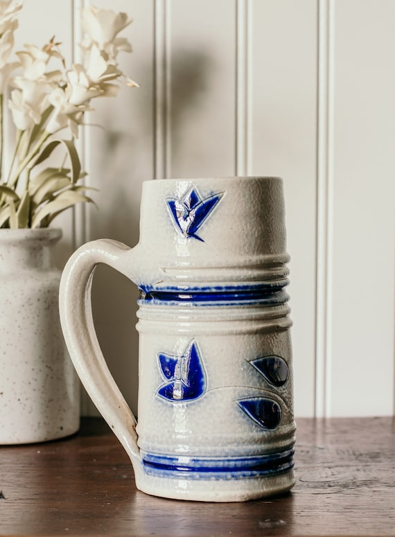 Vintage Pottery Mug- Handprinted Vintage Floral Stoneware Stein Blue Floral Painted Beer Stein Vintage Mugs Hand painted Pottery Mugs