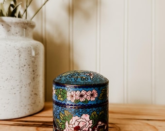 Vintage Chinese Cloisonné - Blue Enamel Cloisonné Jewelry Box trinket Tobacco Jar Pill Tea Caddy Ring Storage Vanity Decor Chinoisserie