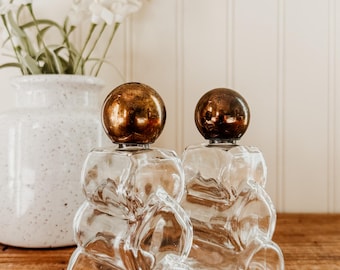 Vintage French Art Deco Perfume Bottles - Set of 2 Tiered or Block glass perfume bottle with brass top bauble lids 1930's