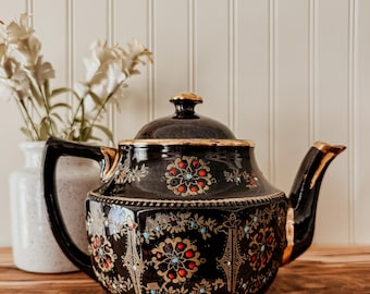 Vintage Price Bros Teapot – Handpainted Orange Redware Lidded Coffee Tea England