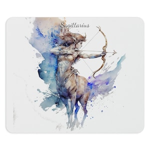 May include: Watercolor illustration of Sagittarius, the archer, a centaur with a bow and arrow, against a blue and purple watercolor background. The text "Sagittarius" is written above the image.
