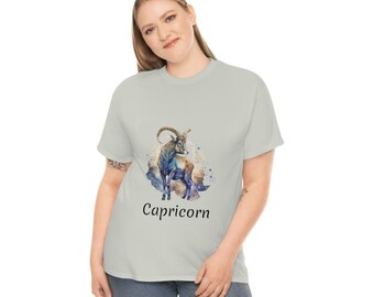 Zodiac Sign Capricorn-Black Letters Capricorn Watercolor-Adult Unisex Heavy Cotton T-Shirt-Several Color-Sizes S-5XL